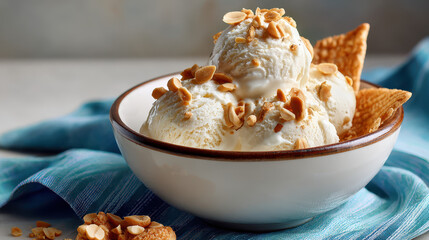 Creamy vanilla ice cream scoops topped with crushed nuts served in a white bowl with crispy wafers on a colorful background
