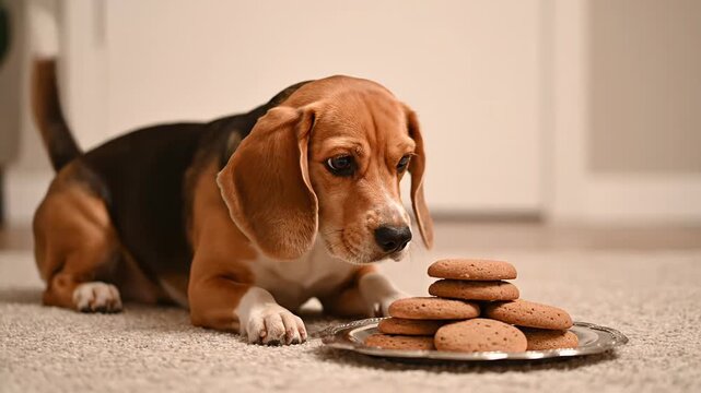 Adorable beagle resting on a cozy rug, gazing longingly at a tray filled with delicious oatmeal cookies. The hungry pup is eager to devour the tempting treats