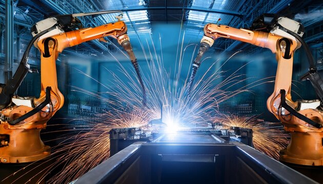 robotic arms welding in an automotive assembly line - Powered by Adobe