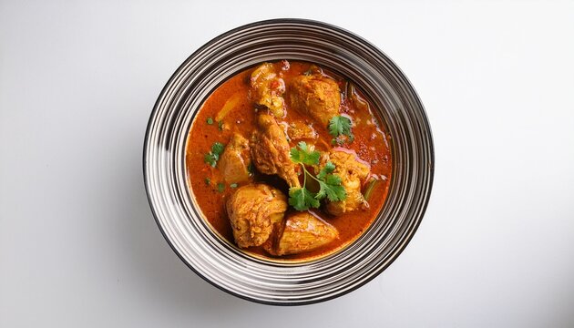 top view of a bowl of spicy chicken kottu dish on an isolated background