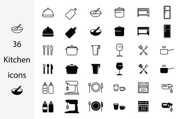 36 minimalist kitchen icons in a modern black and line style vector.
