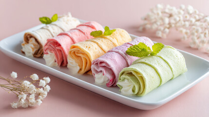 Colorful dessert crepes filled with whipped cream, arranged on a white plate with fresh mint leaves and a delicate floral background