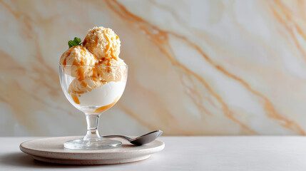 Delicious ice cream sundae with caramel sauce and fresh mint in a glass cup on a marble background