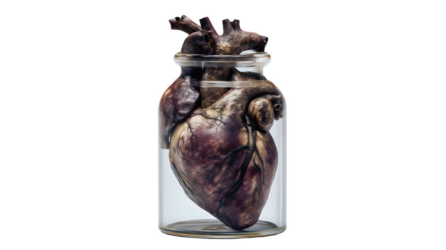 A preserved human heart in a glass jar isolated on a plain background, a realistic anatomy specimen with veins, a creepy medical organ display, a horror science prop.
