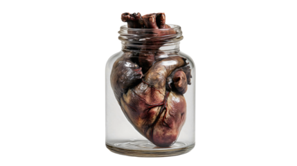 An old human heart in a glass jar isolated on a white background, a scary preserved organ specimen, a creepy medical lab object, a horror decoration with dark veins.