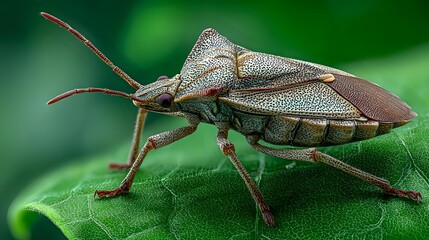 Detailed macro of shield bug on green leaf showing textured exoskeleton, segmented body, and long antennae against blurred natural background.