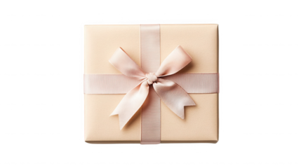 A top down view of a square gift box wrapped with a ribbon and bow on a black background plain style on transparent background