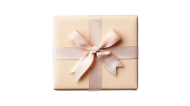 A top down view of a square gift box wrapped with a ribbon and bow on a black background plain style on transparent background