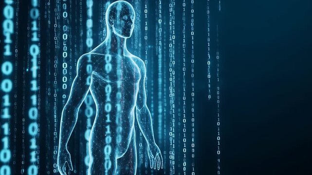 Futuristic digital human body representation with glowing connections and binary code background