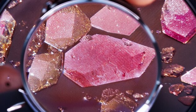 microscope lens focused on a pink gemstone sample