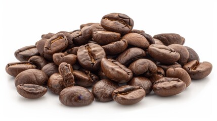 Obraz premium Close up image of roasted arabica coffee beans piled on a white surface for coffee enthusiasts