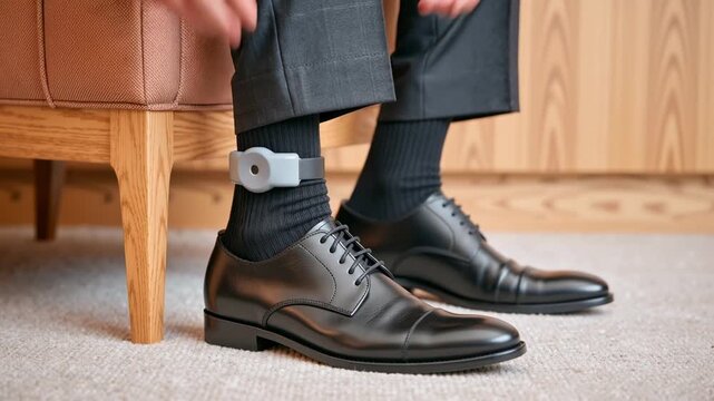 close-up of a man in formal shoes and trousers adjusting an electronic ankle monitor before standing up to walk in an indoor setting