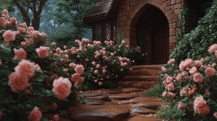 A beautiful garden with a stone path and a stone archway leading to a house. The flowers are pink and the garden is full of life