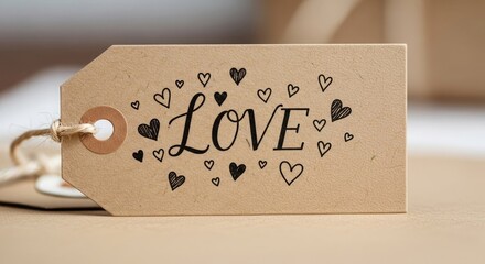 Valentine Day Brown craft gift tag with Love calligraphy message .Love, valentine, love, romance, romantic,
