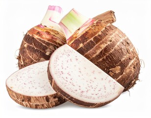 Taro roots whole and cut, revealing speckled interior