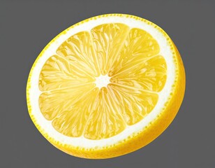 Yellow lemon half shows juicy pulp against a gray backdrop