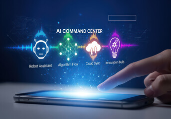 Finger tapping smartphone screen displaying AI command center with icons for robot assistant, algorithm flow, cloud sync, and innovation bulb. image conveys sense of advanced technology