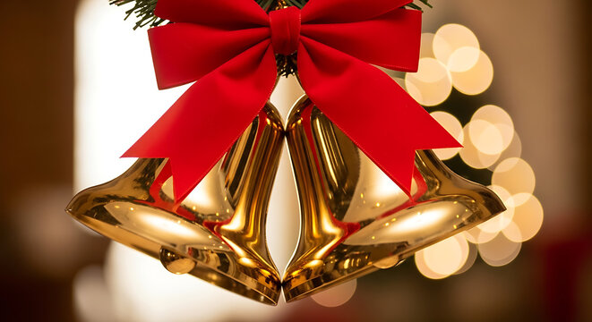 Golden christmas bells with red bow close up view