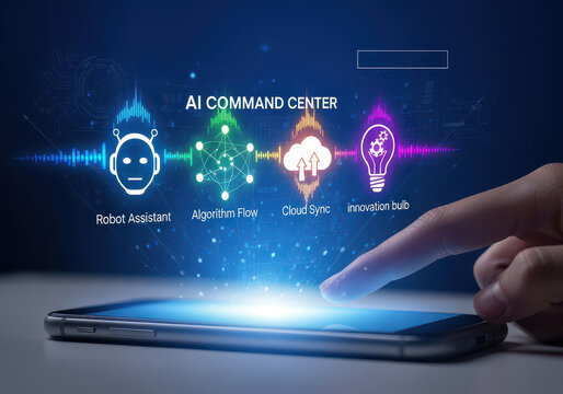 Finger tapping smartphone screen displaying AI command center with icons for robot assistant, algorithm flow, cloud sync, and innovation bulb. image conveys sense of advanced technology
