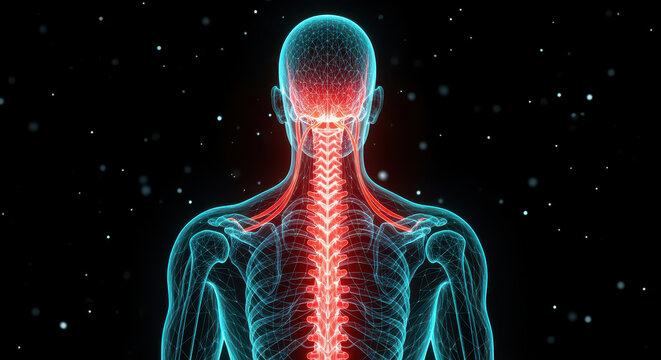 Image depicts stylized representation of human nervous system, showcasing spine and neural pathways glowing, vibrant manner. This artistic visualization emphasizes intricate connections within - Powered by Adobe