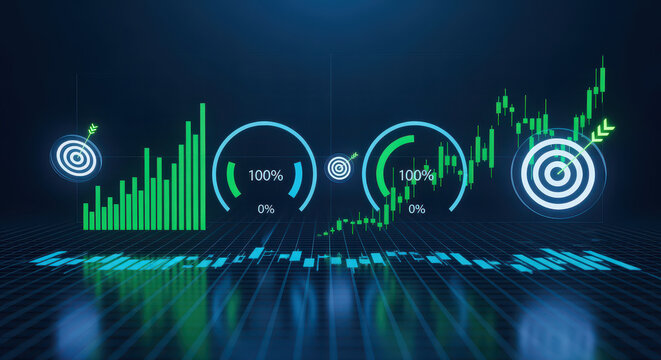 Dynamic financial growth chart with green indicators and targets, showcasing progress and success in data visualization. design reflects modern analytics and technology