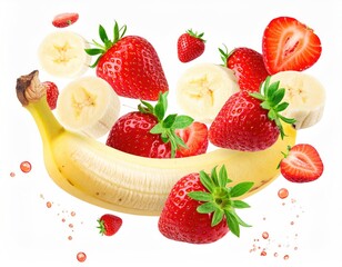 Fruits floating banana, strawberries, slices