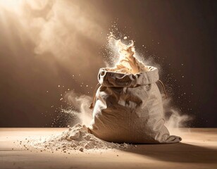 Burlap sack spilling flour; dust cloud