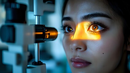 Young Asian woman during eye examination with slit lamp, orange light illuminating her eye for ophthalmological diagnosis or treatment.