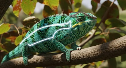 Obraz premium Vivid green reptile with glowing outline rests upon a textured tree branch amid foliage