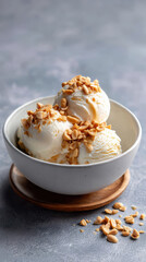 Creamy vanilla ice cream scoops topped with crunchy peanuts served in a white bowl on a rustic wooden coaster