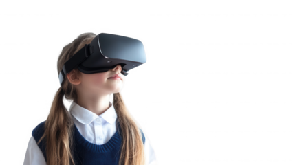 A young girl with pigtails wearing a virtual reality headset against a black background looking up on transparent background