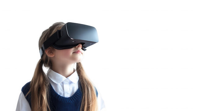 A young girl with pigtails wearing a virtual reality headset against a black background looking up on transparent background