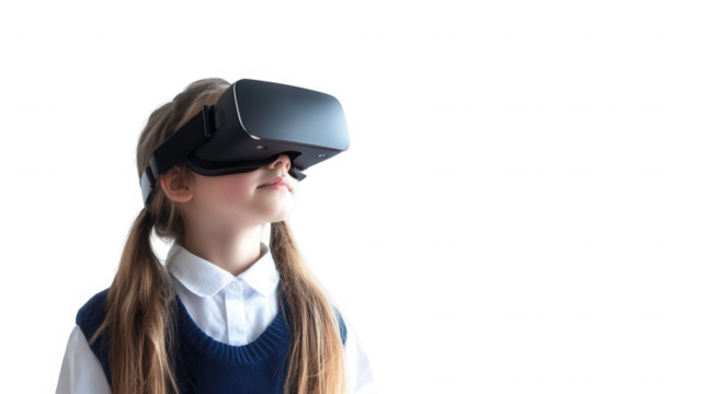A young girl with pigtails wearing a virtual reality headset against a black background looking up on transparent background