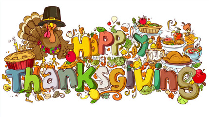 Naklejka premium Playful Thanksgiving illustration with turkey, food elements and festive lettering, perfect for holiday cards, seasonal greetings, posters and celebration artwork