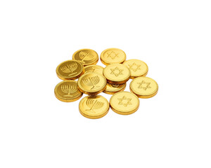 Obraz premium Group of shiny gold chocolate Gelt coins with menorah and Star of David symbols on transparent background