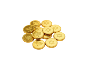 Group of shiny gold chocolate Gelt coins with menorah and Star of David symbols on transparent background
