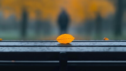 Vibrant yellow autumn leaf on wooden bench with blurred silhouette of person walking in fall forest background.
