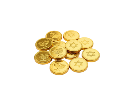 Group of shiny gold chocolate Gelt coins with menorah and Star of David symbols on transparent background