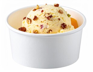 Ice cream scoop with nuts and fruit in a white cup