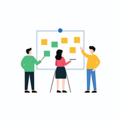 A team of colleagues engaged in a collaborative remote brainstorming session, organizing ideas on a virtual whiteboard with sticky notes