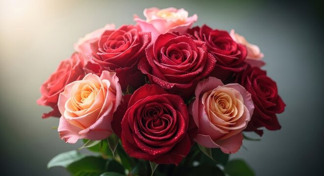Valentine Day Bouquet of roses with dew drops on petals closeup .Love, valentine, love, romance, romantic,