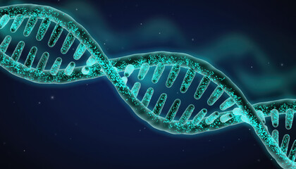 Glowing double helix structure representing DNA, showcasing intricate details and vibrant blue color against dark background, evoking sense of wonder and scientific exploration