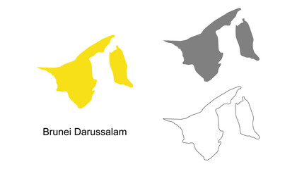 Brunei Darussalam map set. Brunei Darussalam map vector. Brunei Darussalam map on yellow silhouette, gray, and outline