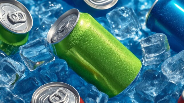 A can of green soda is sitting in a blue container with ice. The other cans are red and blue