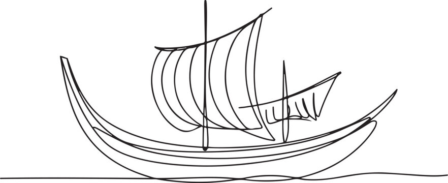 Single continuous line drawing pinisi ship. Traditional boat from South Sulawesi, Indonesia. Has a very unique design. Inter island trade. National Maritime Day. one line Icon drawing - Powered by Adobe