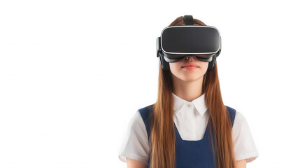 Young woman wearing a vr headset against a black background in a studio environment looking forward on transparent background
