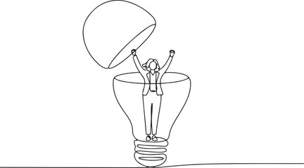 Continuous one line drawing a businesswoman stands in lightbulb with the top open raising hands. Get out of the erratic mind. Idea. National Creativity Day. one line Icon drawing