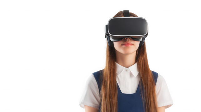 Young woman wearing a vr headset against a black background in a studio environment looking forward on transparent background - Powered by Adobe
