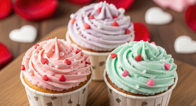 Valentine Day Colorful cupcakes topped with small candy hearts .Love, valentine, love, romance, romantic,