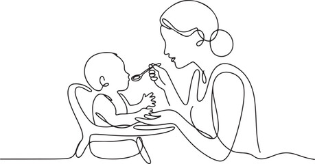 A continuous line drawing of a caring mother feeding her son in a baby high chair, reflecting Infant Feeding Day. one line Icon drawing